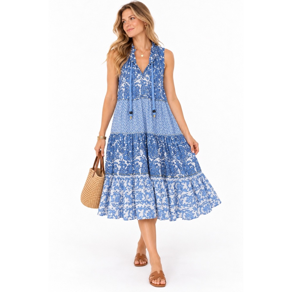 Chelsea & Theodore Tiered Midi Dress Womens M Blue Floral Boho Coastal Cotton